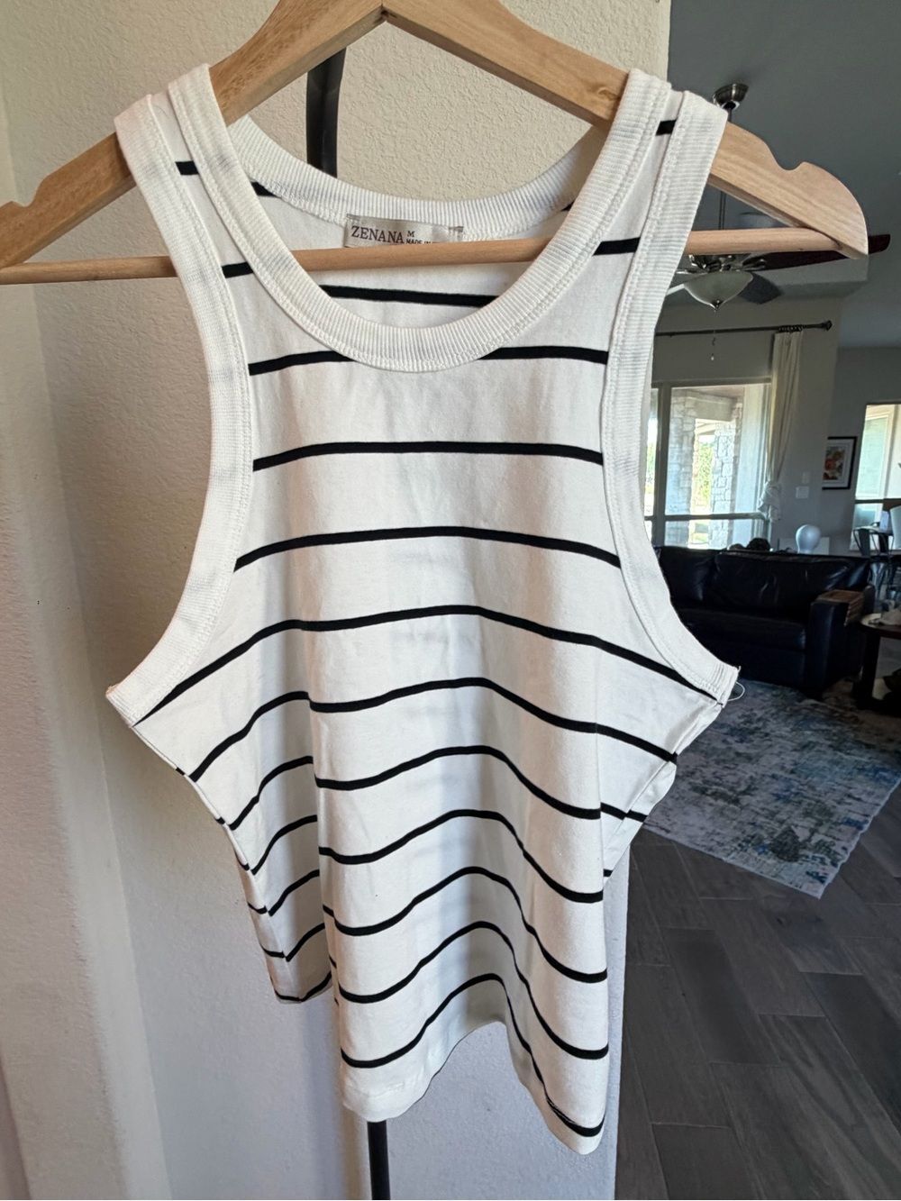 Zenana White Black Striped Sleeveless Muscle Tank Top Medium NWOT
